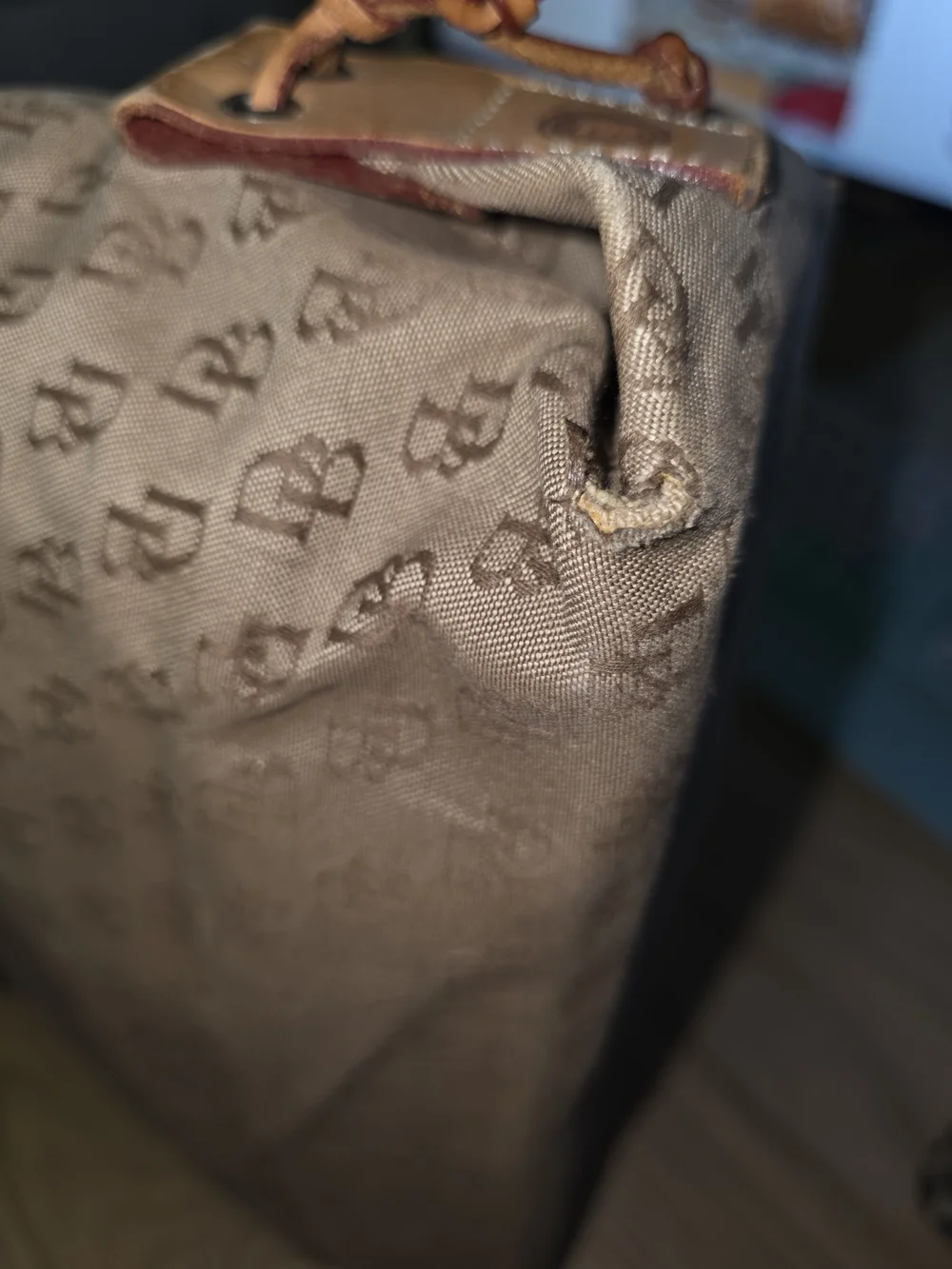 Dooney & Bourke Tan/Brown Monogram Tote with Leather Trim